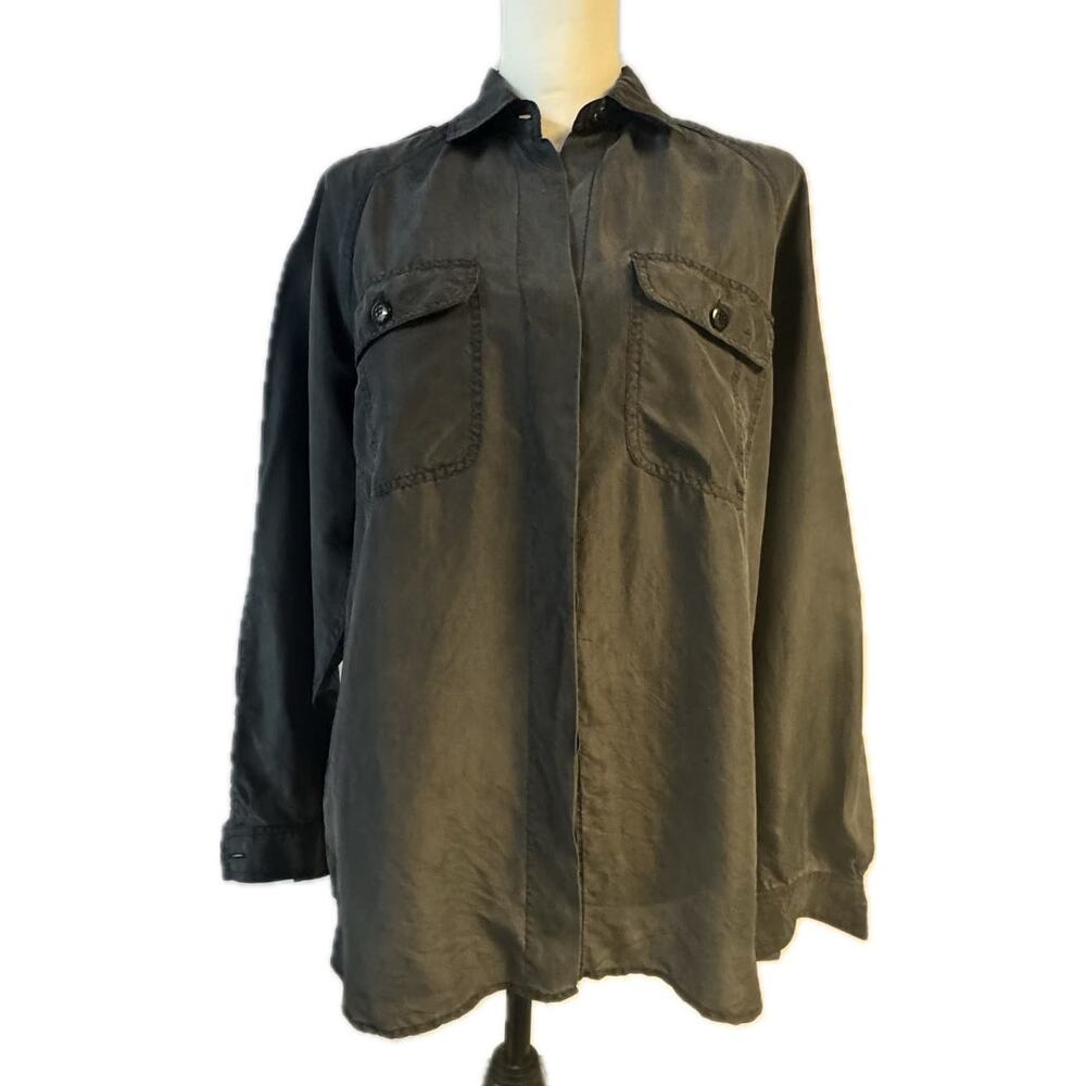Diane Gilman Silk Button Up Loose Fit Long Sleeve Tunic Blouse Women S  Black